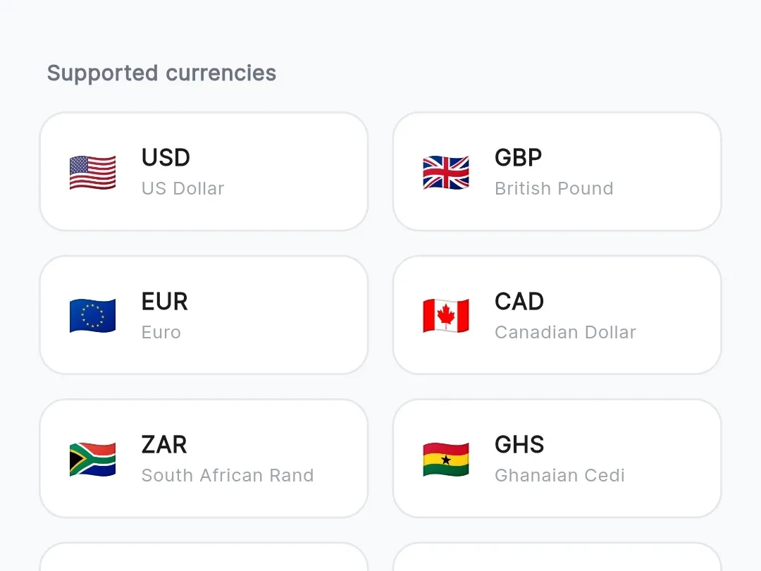 Supported currencies in the ZevPay Global Account: USD, GBP, EUR, CAD, ZAR, GHS, KES, UGX