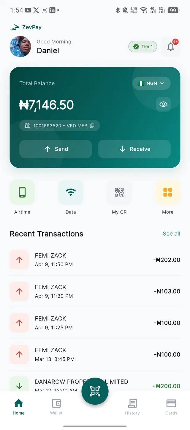 The ZevPay app home screen