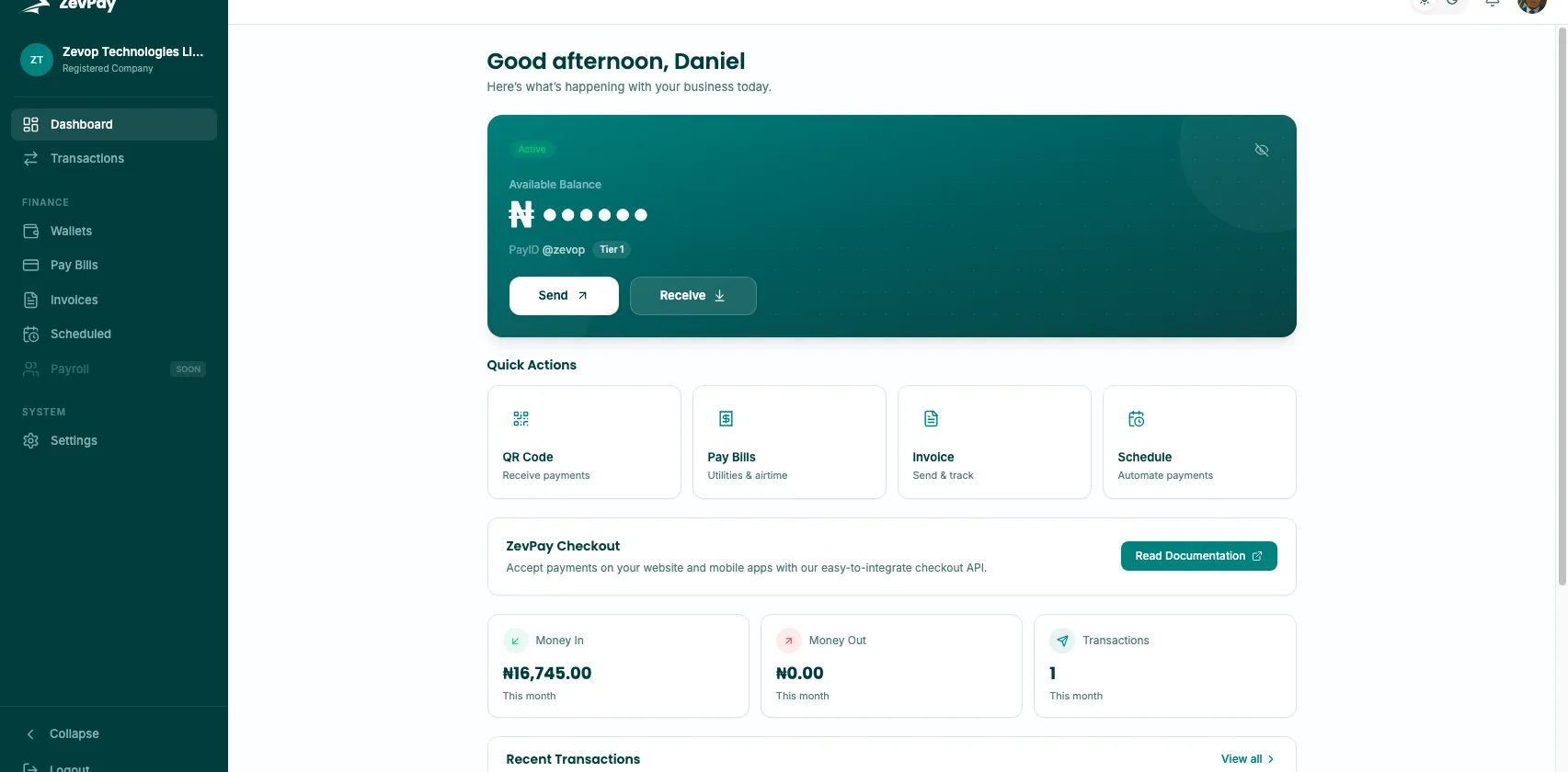The ZevPay Business dashboard overview