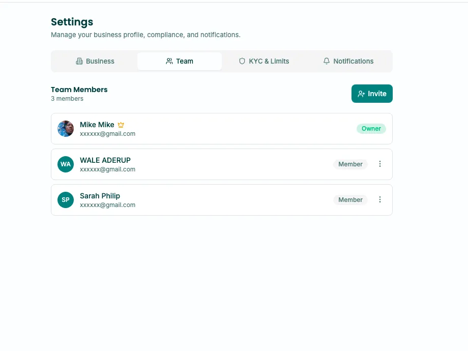 Team members with owner and member roles in ZevPay Business